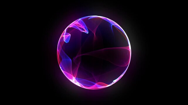 Purple laser sphere. Glowing ball of pink and blue particles. Magenta purple orb on isolated background Loop. Neon futuristic 3d sphere. Bright glowing energy sphere. Artificial Intelligence