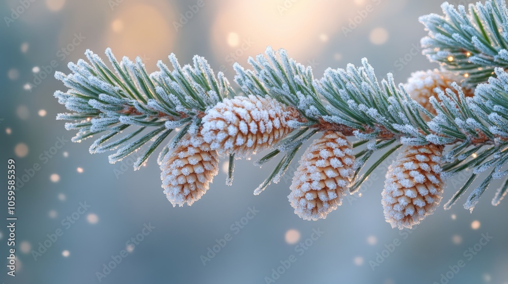 Poster a close-up of a frosted pine branch showcases snow-covered cones while gentle snowflakes fall in the