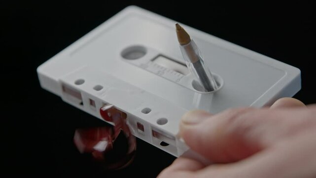 A ballpoint pen is inserted into the hub of a retro white audio cassette, the pen is turned to wind slack audio tape back into the cassette. 