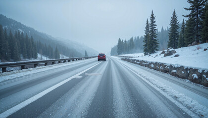 Car driving on a snow-covered highway surrounded by mountains and trees, winter travel concept