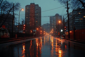 Fototapeta premium A cinematic view of a rain-soaked city street at night