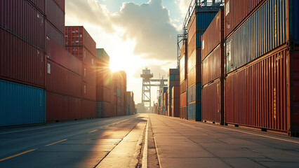 Bustling Shipping Yard at Sunset