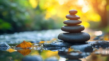 Meditation spot near a calm river with natural green surroundings and soft sunlight enhancing relaxation