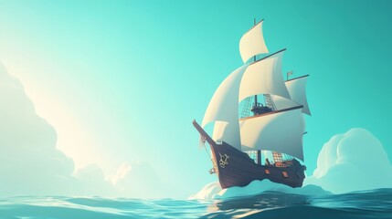 A cartoon style sailboat with white sails sails on a calm, blue sea with white puffy clouds.