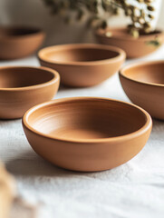 Close-up of handmade ceramic bowls on a white fabric background, with soft natural light and a blurred plant in the background, showcasing rustic and minimalistic aesthetic