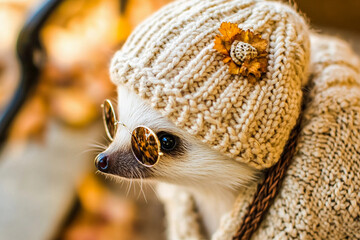 Fototapeta premium Stylisch gekleideter Igel im Winterlook mit Sonnenbrille und Mütze