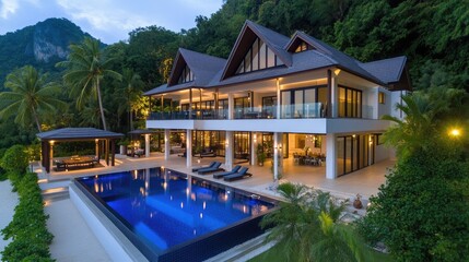 Obraz premium This modern cabin features sleek architectural lines and large glass windows, overlooking a peaceful lake and lush forest, creating a perfect retreat at twilight