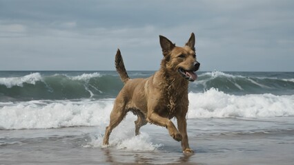 Dog chasing waves along the shore