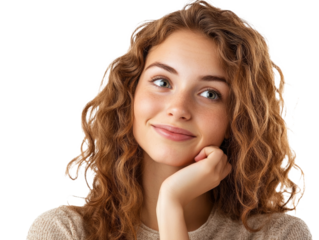 Thoughtful young woman smiling in a cozy sweater, cut out transparent