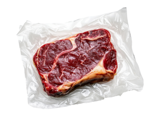 Fresh cut ribeye steak wrapped for preservation, cut out transparent