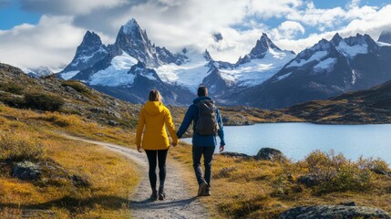 Fototapeta premium Couple Holding Hands on Scenic Mountain Hike with Glacier View Generative AI