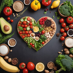 Healthy fruits and vegetables in heart shape