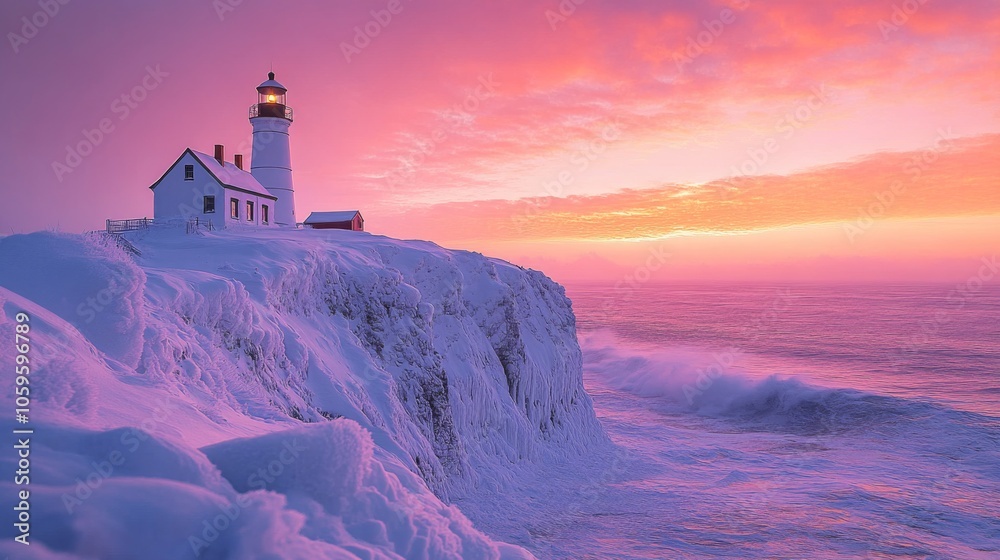 Poster The lighthouse stands prominently on a snow-covered cliff as waves crash against the shoreline, illuminated by the soft hues of dawn. The sky is painted with vibrant colors.