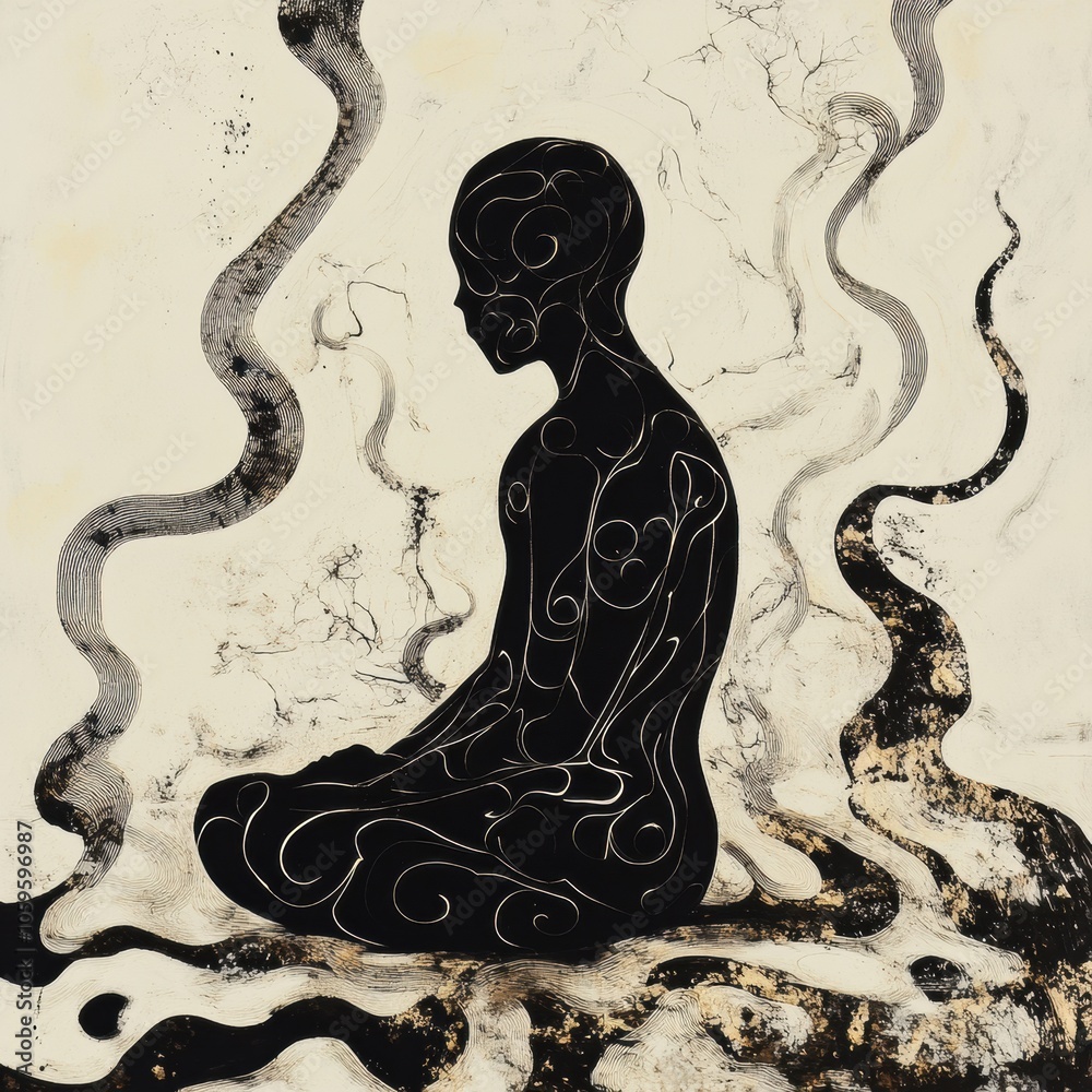 Leinwandbilder A serene figure sits in meditation, surrounded by flowing abstract lines that create a tranquil atmosphere and evoke deep contemplation. Generative AI