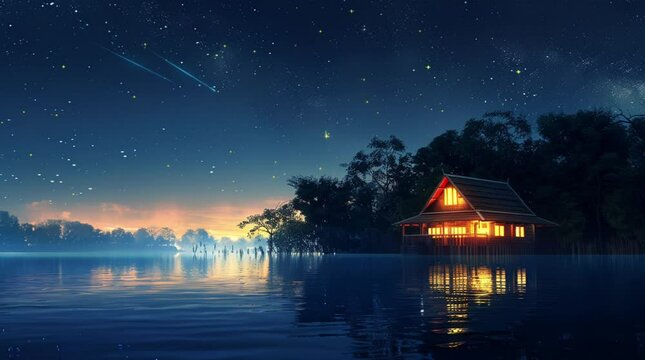 Magical glowing house by lake under starry sky in a tranquil fantasy night setting
Seamless looping 4k time-lapse virtual video animation Generated AI