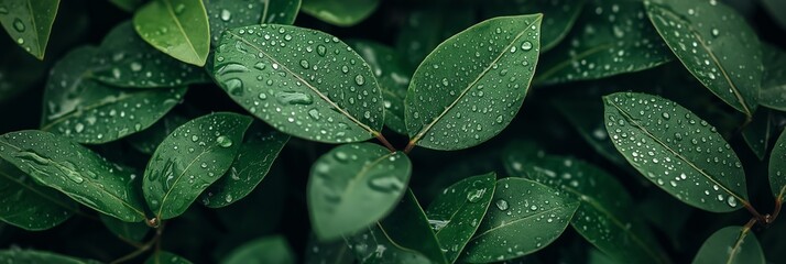 Fototapeta premium A detailed shot of vibrant green leaves adorned with shimmering raindrops, emphasizing freshness and natural beauty.