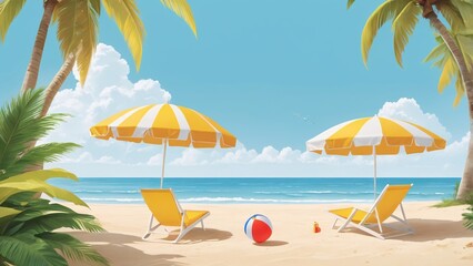 Obraz premium Beach with umbrella and chair 2d illustration image.