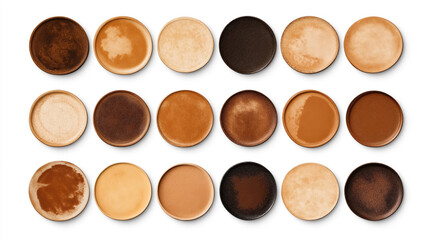 Top view of eighteen round coffee stains in a grid pattern showing various shades of brown on a white background