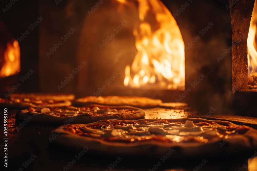 Poster multiple pizzas are baking in a stone oven as flames rise, creating an ideal environment for delicio
