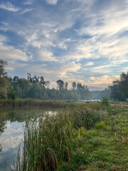 beautiful landscape, summer sunrise by the river, nature, vertical image