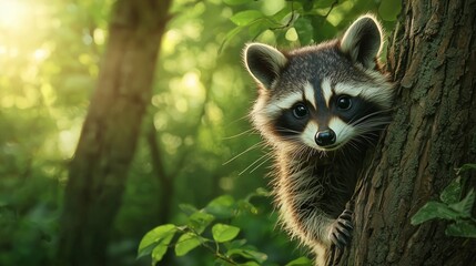 Obraz premium Curious raccoon peeking out from behind a tree, with a backdrop of a lush forest and dappled sunlight.