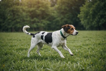 Hunting dog walking through a green field