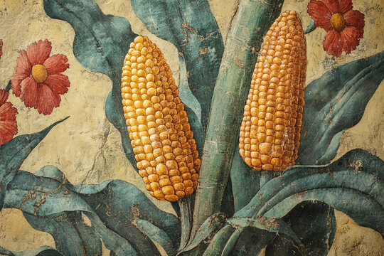 Mayan cornfield illustration in ancient manuscript.