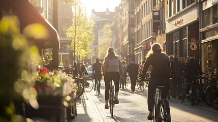 Cyclists Navigate a Busy City Street in an Impressionistic Style