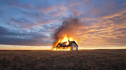 Flames erupt from the roof of a wooden house situated in a field, with smoke billowing into the evening sky as the sun sets in the background.