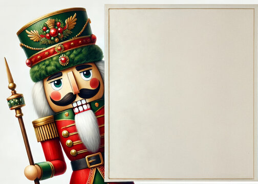 Ein traditioneller Nussknacker in festlicher Uniform h&auml;lt ein gro&szlig;es, leeres Quadrat-Schild, bereit f&uuml;r eine weihnachtliche Botschaft. Textfreiraum Generative KI.