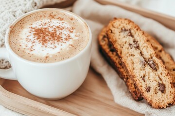 National Capuccino Day shot of a cappuccino with frothy milk and a sprinkle of cinnamon, sitting on a wooden tray with a biscotti on the side