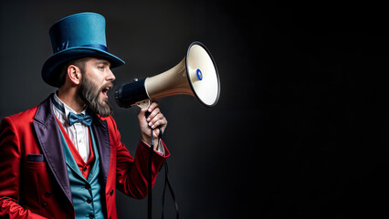 Man in ringmaster outfit with top hat shouting Black Friday offers into a megaphone against a black background with copy space