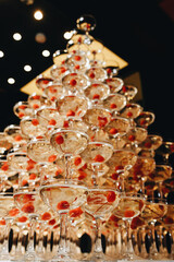 pyramid of champagne and dry ice