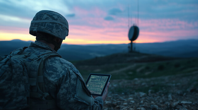 Amid the rough terrain of a border outpost, soldiers check surveillance data on a tablet, the Starlink antenna glowing in the dawn light, symbolizing modern satellite technology se