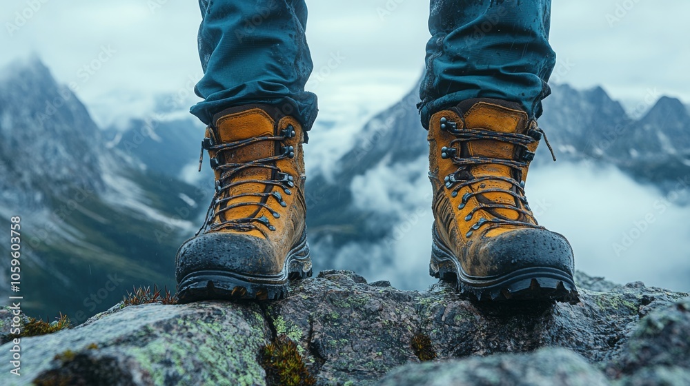 Aufkleber a hiker confidently stands on rugged rocks, showcasing durable hiking boots. towering mountains rise