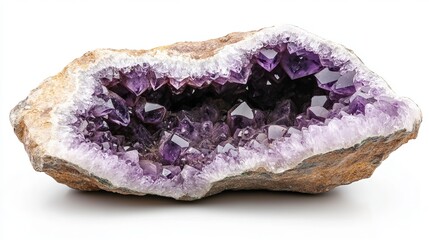 Purple, rough amethyst quartz crystal geode on white background.