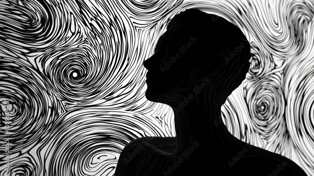 Fototapete The artwork features a silhouette of a person with an abstract swirling backdrop, creating a mesmerizing interplay of light and form. Generative AI