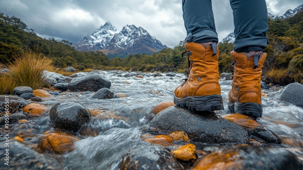 Poster a hiker is positioned in a river, focused on navigating through the water, wearing durable boots. ma