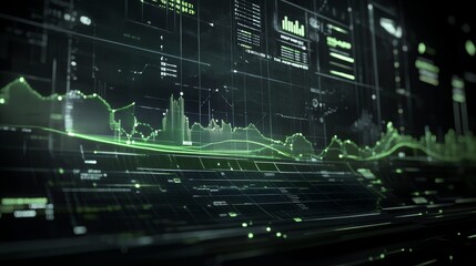 Futuristic trading chart displaying neon green trends on a dark background with glowing data points