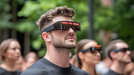 Outdoor yoga class features smart clothing and AR glasses, providing real time feedback on vital signs and performance