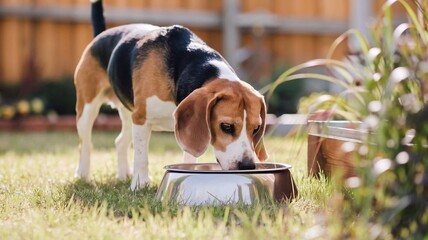 Beagle Drinking from Stainless Steel Bowl in Sunny Backyard - Perfect for Pet Care and Outdoor Lifestyle Concepts