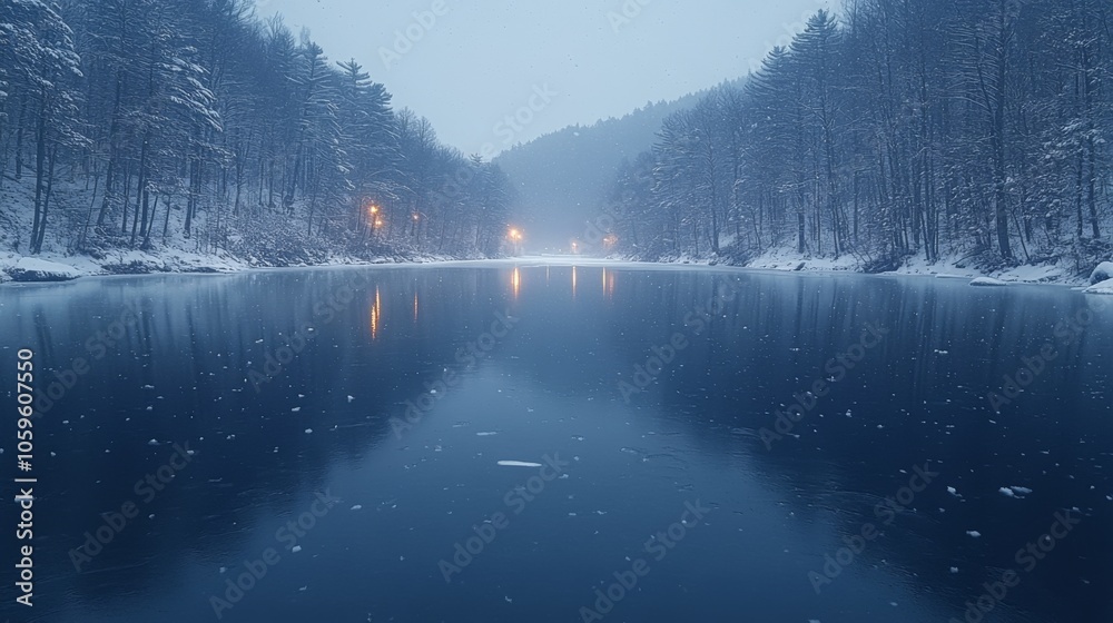 Poster a tranquil river flows through a snow-covered landscape at dusk, surrounded by dark trees. soft ligh