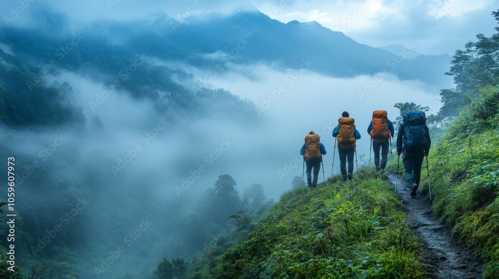 Aufkleber A group of hikers explores a mist-covered mountain trail surrounded by dense greenery. Soft clouds linger, creating a serene atmosphere in the remote wilderness.