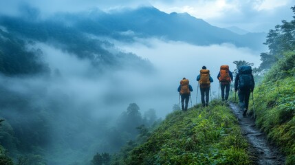 Obraz premium A group of hikers explores a mist-covered mountain trail surrounded by dense greenery. Soft clouds linger, creating a serene atmosphere in the remote wilderness.