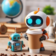 Mini ai robot with a large coffee cup