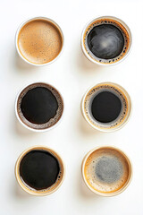 Vertical Set of paper take away cups of different black coffee on white background, top view.
