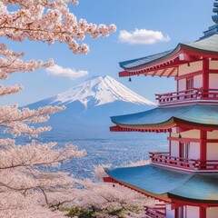 Obraz premium Cherry blossoms and Mt. Fuji at Ryuganbuchi