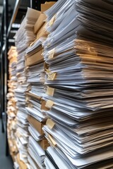 A stack of organized office documents fills a storage room.