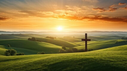 Obraz premium A serene landscape at sunrise featuring a cross on a hillside.