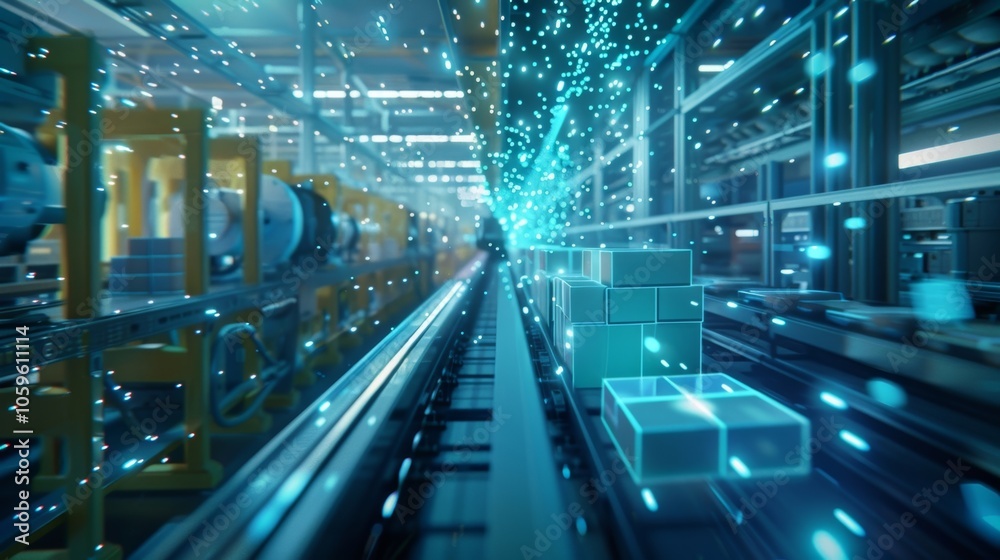 Poster automated assembly line managing production with holographic boxes and digital data visualization in